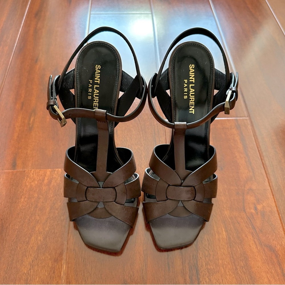 Saint Laurent Tribute Toffee Brown Woven Calf Leather High Heeled Sandals - Picture 1 of 15